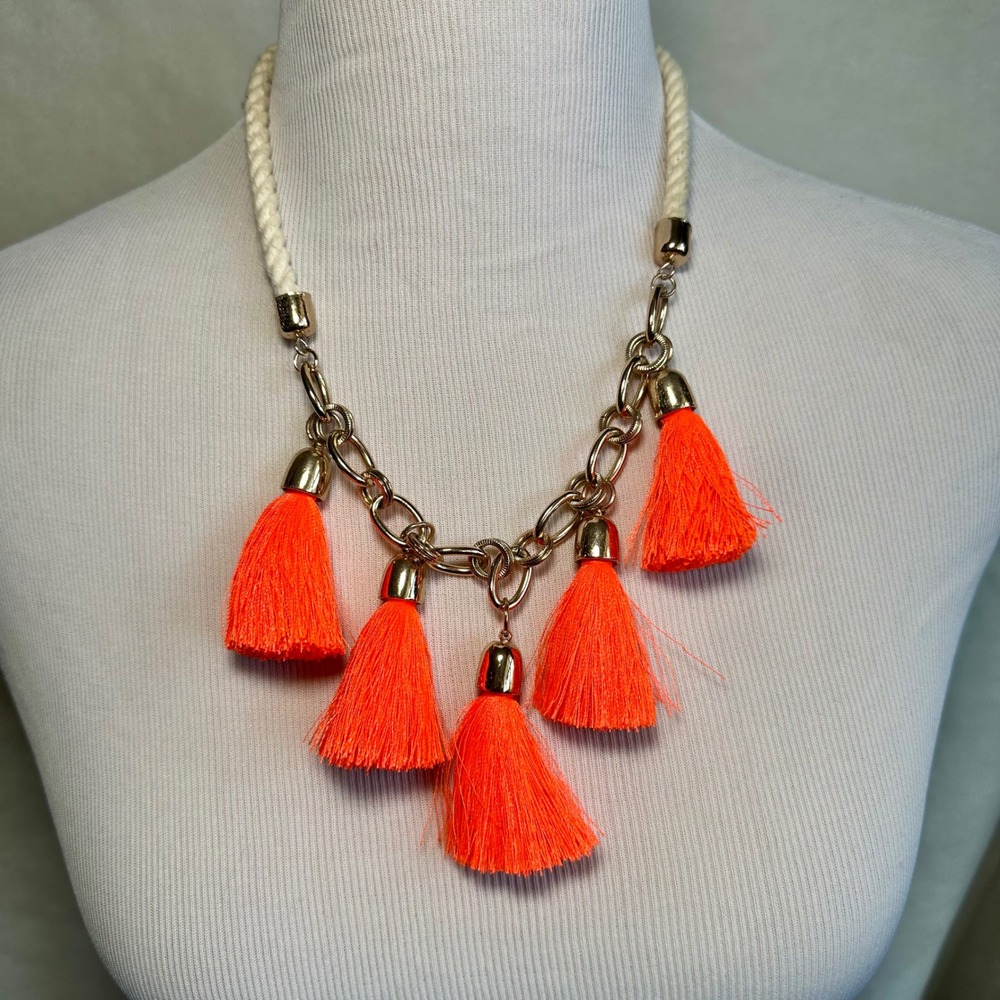BaubleBar Womens Orange Tassel‎ Rope Chain Statement Necklace Boho Gold
